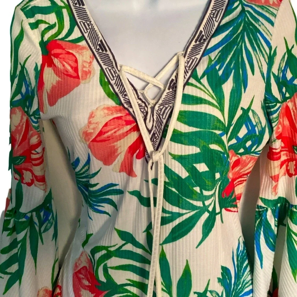 Boston Proper Bell Sleeved Floral Top - S white green orange , poly spandex